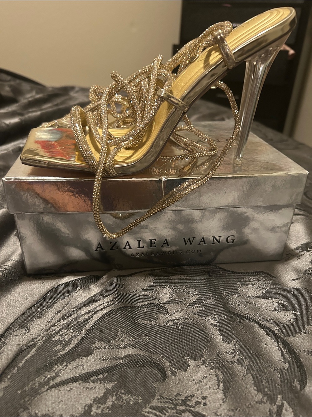 Azalea Wang Gold Rhinestone Wrap Stiletto Heels